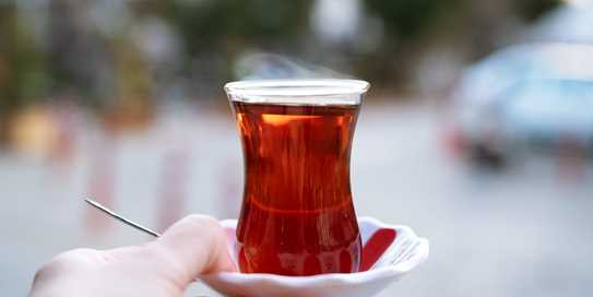 Hand Golding Strong Black Tea Traditional Turkish Glass Cup Plate Outdoorsstreet Dring Turkey Conceptcopy Space 2